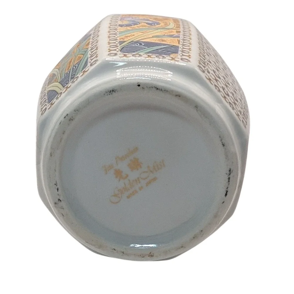 Vintage Golden Mist Vase Octagon Porcelain Irises Blue‎  Gold Trim Made In Japan
